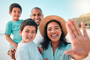 Image showing Family, parents and children selfie at beach or outdoor with a smile, happiness and care together. Happy boy kids, man and woman laughing portrait on holiday, adventure or vacation to travel or relax