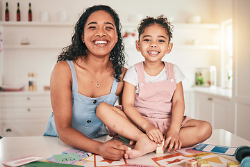 Image showing Portrait, home school and mother and child in kitchen with happy, smile or excited face for homework, assignment or studying. Joy, girl and cheerful mom for remote learning or bonding in family house