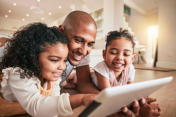 Image showing Happy family father, tablet and children elearning, doing kindergarten homework or remote home school. Education, learning software and young kid studying on floor for youth development lesson