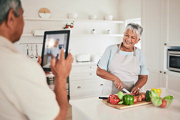 Image showing Kitchen cooking, elderly couple or tablet photo of senior woman, wife or person with online memory picture. Nutritionist food, love or laughing people bonding, happy and prepare vegetable ingredients