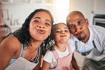 Image showing Selfie, food or portrait of girl and parents in funny face, child development and bonding in kitchen. Family home, cooking fun and silly mom, dad and kid for playful vegetable picture of healthy meal