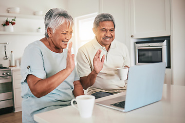 Image showing Laptop, video call and hello by elderly couple in a kitchen and happy or relaxed in home. Love, online and old people wave, smile and excited for tech conversation while enjoying retirement together