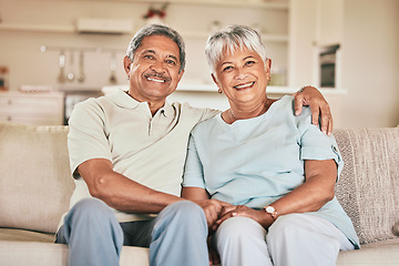 Image showing Home portrait, hug and senior happy couple bonding, enjoy time together and relax on living room sofa. Retirement love, smile and elderly man, woman or people embrace for unity, marriage and care