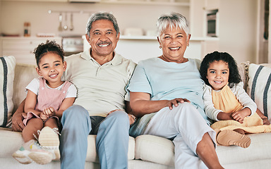 Image showing Family in portrait, grandparents and children with smile, relax at home with love and bonding together on sofa. Happiness with people in lounge, relationship and spending quality time on the weekend