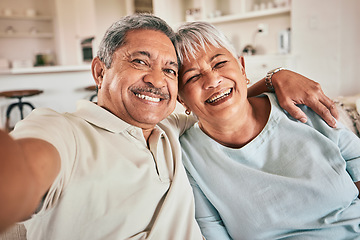 Image showing Selfie, hug and portrait of happy elderly couple, bonding and enjoy retirement time together at home. Memory photo, love and senior man, woman or people embrace for happiness, marriage unity and care