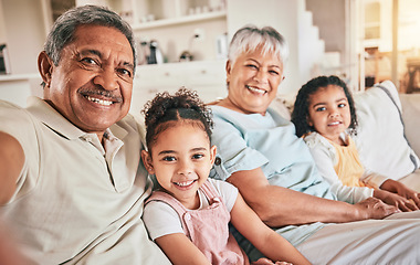 Image showing Selfie portrait, happy family grandparents and children bonding, relax and spending time together in Indonesia home. Smile youth support and memory photo of senior grandmother, grandfather and kids