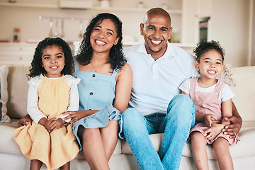 Image showing Family in portrait, parents and happy children relaxing at home in support, love or bonding together on sofa. Happiness, people or living room with relationship or spending quality time on a weekend