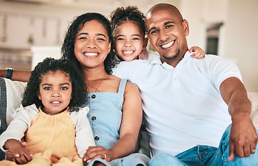 Image showing Family in portrait, parents and happy kids relaxing in home with support, love or bonding together on sofa. Happiness, people or living room with relationship and spending quality time on the weekend