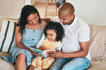 Image showing Happy family, parents or child reading story book, cartoon comic books and bonding with mom, dad and relax at home. Love, studying or youth kid listening to storytelling for home education learning