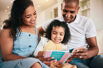 Image showing Family, happy and child reading story book, cartoon comic books and bonding with mother, father or parents at home. Love, storytelling or youth kid listening to fairytale for home education learning