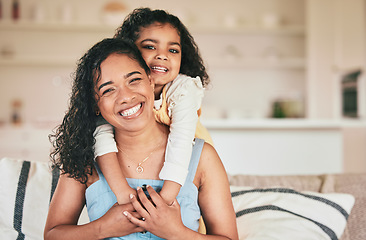 Image showing Home portrait, mother and kid hugging mom, mama or parents in Mothers Day time together or vacation holiday in Colombia. Happy family smile, youth embrace or child care from woman with relax daughter