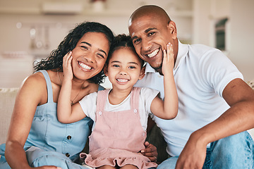 Image showing Family in portrait, parents and happy child relaxing at home in support, love or bonding together on sofa. Happiness, people or living room with relationship and spending quality time at the weekend