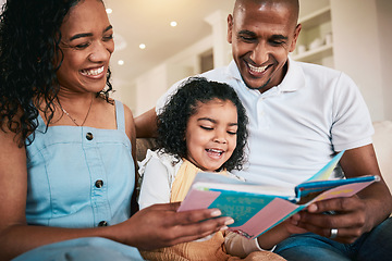 Image showing Happy family, laugh or child reading story book, funny cartoon comic and home bonding with mother, father or parents. Love, smile or young kid listening to comedy storytelling for youth entertainment