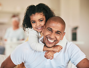 Image showing Home portrait, father and kid hug dad, papa or parents for fathers day time together on vacation holiday in Indonesia. Happy family portrait, youth support and child care from man with daughter