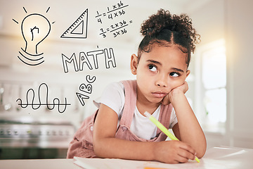 Image showing Math homework, education or child thinking of mathematics solution, problem or remote home school. Learning difficulty, ADHD and bored kid contemplating equation numbers for youth development project