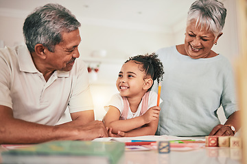 Image showing Happy family grandparents, education and kid learning, doing kindergarten homework or remote home school. Creative study, knowledge and child studying in youth development lesson with senior people