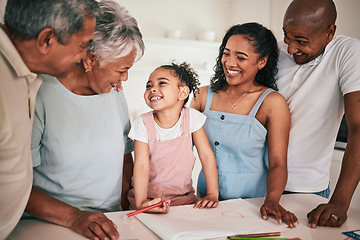 Image showing Child education, home learning and happy family helping young kid with homework, studying or remote school work. Knowledge, creative drawing and child support from grandparents, parents and kids bond