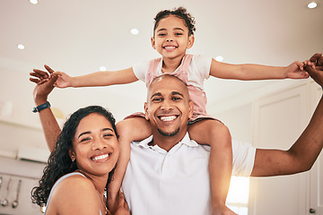 Image showing Love, home portrait and happy family fun, playing and spending time together for weekend bonding. Happiness, youth support and child care from mother, father or parents with kids on shoulder smiling