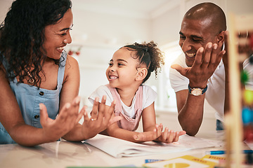 Image showing Happy family, math or learning child counting, doing kindergarten homework or remote home school. Education, creative study or kid studying with support from mom, dad or parents for youth development