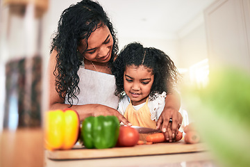 Image showing Family, mother and kid cutting vegetables, cooking together and learning chef skill n kitchen. Nutrition, healthy food and organic with woman teaching girl and learn to cook at home with bonding