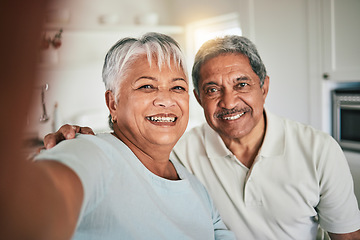 Image showing Happy, smile and elderly couple portrait for selfie, photo or profile picture in their home together. Pose, old people and face of retired seniors having fun, cheerful and excited for video call