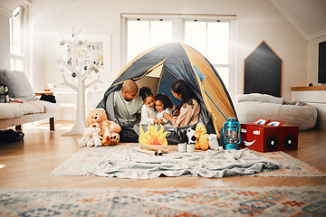 Image showing Love, home camping and happy family bonding, relax and enjoy time together having fun in living room. Happiness, tent and youth children playing with mother, father or parents in house adventure