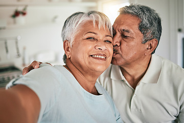 Image showing Selfie portrait, kiss and senior happy couple love, home romance and bonding on memory photo. Romantic marriage partner, face and elderly man, old woman or people smile on retirement time together