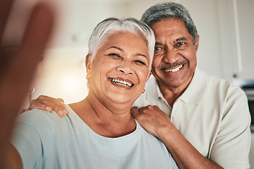 Image showing Happy, love and elderly couple smile for selfie, profile picture or photo in living room, cheerful and embrace. Portrait, retirement and excited old people hug enjoy retired lifestyle in their home