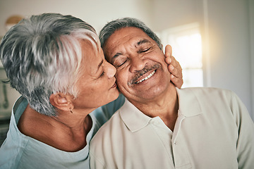 Image showing Love, kiss and elderly face of happy couple romance, spouse support and smile during retirement time together. Happiness, romantic marriage partner and senior woman, old man or people bonding at home