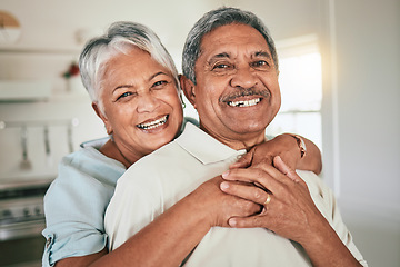 Image showing Happy face portrait, hug and old couple smile, bonding and enjoy romantic time together at home apartment. Retirement love, senior partner and elderly man, woman or people embrace for marriage care