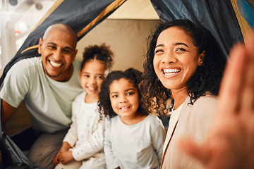 Image showing Selfie, home camping and happy family portrait, bonding and smiling together on vacation in Brazil holiday house. Memory photo, youth childhood or cheerful children, mother and father playing in tent