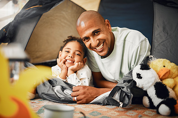 Image showing Father, girl and portrait with tent in house for game, toys or happy for bonding, love or playing together. Dad, child and excited face for camping games in family home with happiness on lounge floor