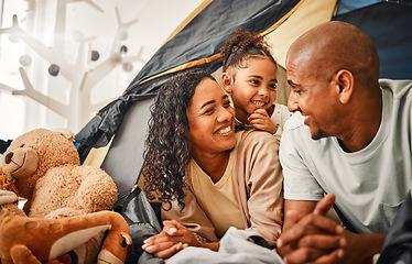 Image showing House camping, playing and happy family bonding, relax and smiling father, mother and daughter enjoy time together. Happiness, youth girl and love of mom, dad or parents with young kid in Mexico home