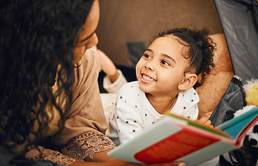 Image showing Happy family, mother or child reading story book, cartoon comic books and bonding with mom, mama or parents. Love, youth development and bedtime storytelling for kid listening to fairytale fantasy