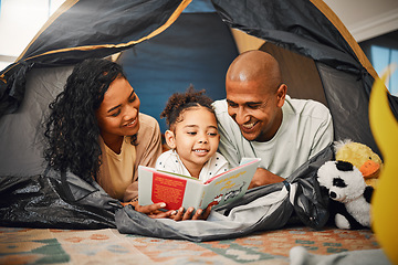 Image showing Home, camping and child reading story book, cartoon comic books and bonding with mother, father or happy family parents. Love, youth development or storytelling for kid listening to fairytale fantasy