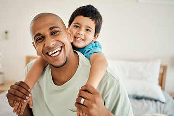 Image showing Happy family portrait, bonding and child hug father, papa or dad for morning affection in hotel bedroom. Vacation happiness, piggyback or face of smiling man and youth kid enjoy quality time together