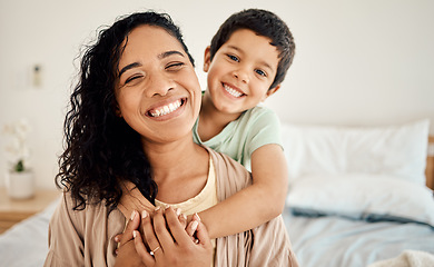 Image showing Happy family, portrait or child hug mother, mama or mom for morning bonding in hotel bedroom. Vacation happiness, holiday affection or face of youth, kid or son with woman enjoy quality time together