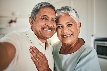 Image showing Love, happy and elderly couple smile for selfie, profile picture and photo in living room, cheerful and hug. Portrait, retirement and excited old people enjoying retired lifestyle in their home