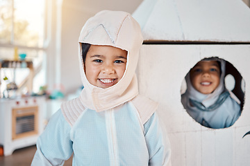 Image showing Astronaut portrait, spaceship and children happy, playing and role play space travel, home fantasy games or pretend rocket. Explore universe, Halloween costume and youth kids imagine galaxy adventure