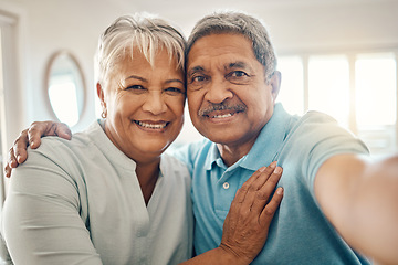 Image showing Selfie portrait, hug and elderly couple smile, bonding and enjoy romantic time together in Brazil apartment. Retirement love, social media memory photo and happy senior man, woman or people embrace