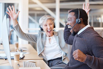 Image showing Call center, senior woman and black man with celebration, telemarketing and excited for kpi target. Male consultant, female agent and employees with success, profit goals and cheering with happiness