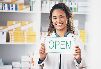 Image showing Open sign, medical board and woman portrait in a pharmacy with a billboard. Working, pharmacist poster and healthcare worker with a smile from retail store opening for pill and medicine shop