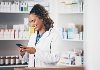 Image showing Pharmacist, phone or happy woman texting in pharmacy to contact, email communication or reading chat. Social media, or doctor on mobile app, typing or searching medical news on internet in workplace