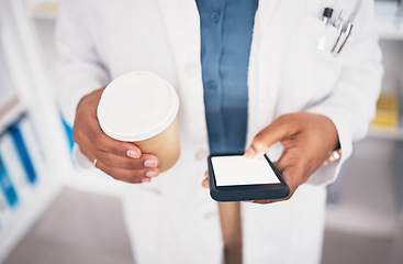 Image showing Pharmacist, phone or hands of person with coffee texting in pharmacy to contact email or online chat. Social media, mockup space or doctor on mobile app, typing or searching medical news on tea break