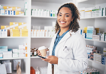 Image showing Pharmacist, phone or portrait of woman with coffee texting in pharmacy to contact email or online chat. Social media, happy or doctor on mobile app, typing or searching medical news on tea break