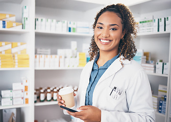 Image showing Pharmacist, phone or portrait of happy woman with coffee texting in pharmacy to contact email or online chat. Social media, smile or doctor on mobile app typing to search medical news on tea break