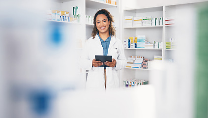 Image showing Tablet, pharmacist or portrait of woman in pharmacy with smile in customer services or wellness clinic. Online digital healthcare help, blurry or happy doctor smiling by medication on drugstore