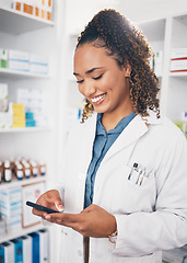 Image showing Pharmacy, smile and woman with smartphone, typing and connection for telehealth, social media and chatting. Female employee, person and pharmacist with cellphone, mobile app and texting with network