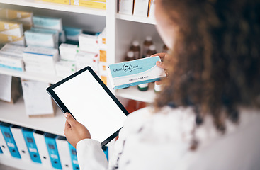 Image showing Tablet, mockup or woman pharmacist with medicine pills or supplements products to check inventory. Marketing space, digital screen or doctor with boxes of medical drugs or retail pharmacy stock