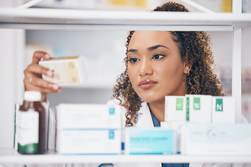 Image showing Reading, pharmacy or woman with medicine pills or supplements products to check drugs inventory. Retail store, healthcare clinic or female pharmacist with boxes of medical vitamins or stock on shelf